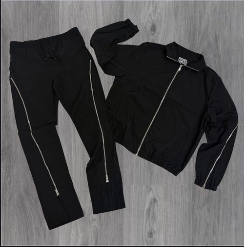 Rebel - SET - Flare Zipper Windbreaker Pants & Jackets - Black - 401501