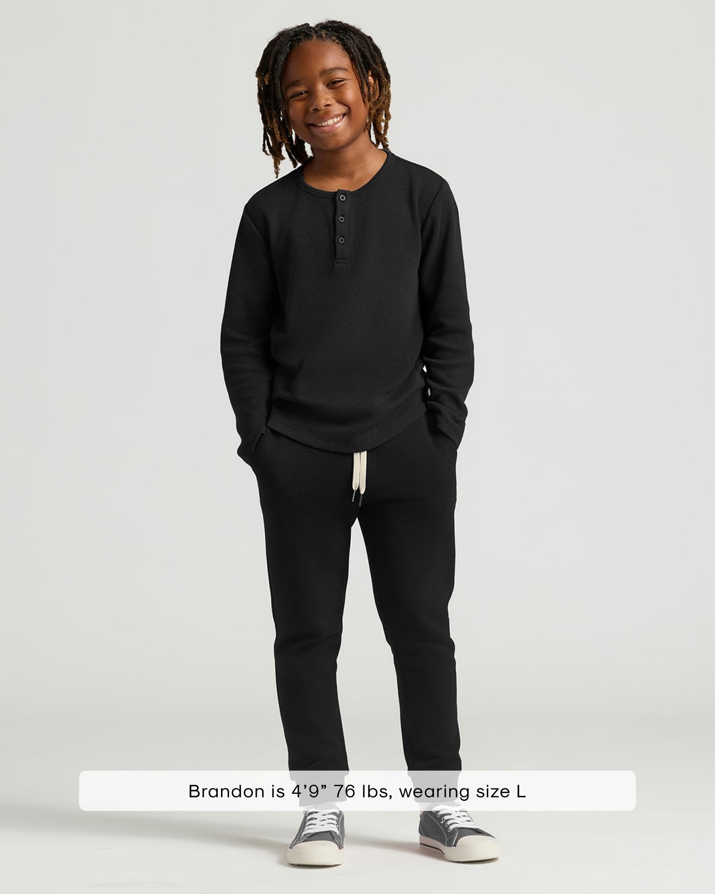 Boys' All Black Waffle Long Sleeve Curved Hem Henley 6-Pack