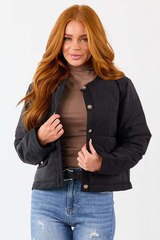 Entro Black Button Down Long Sleeve Puff Jacket