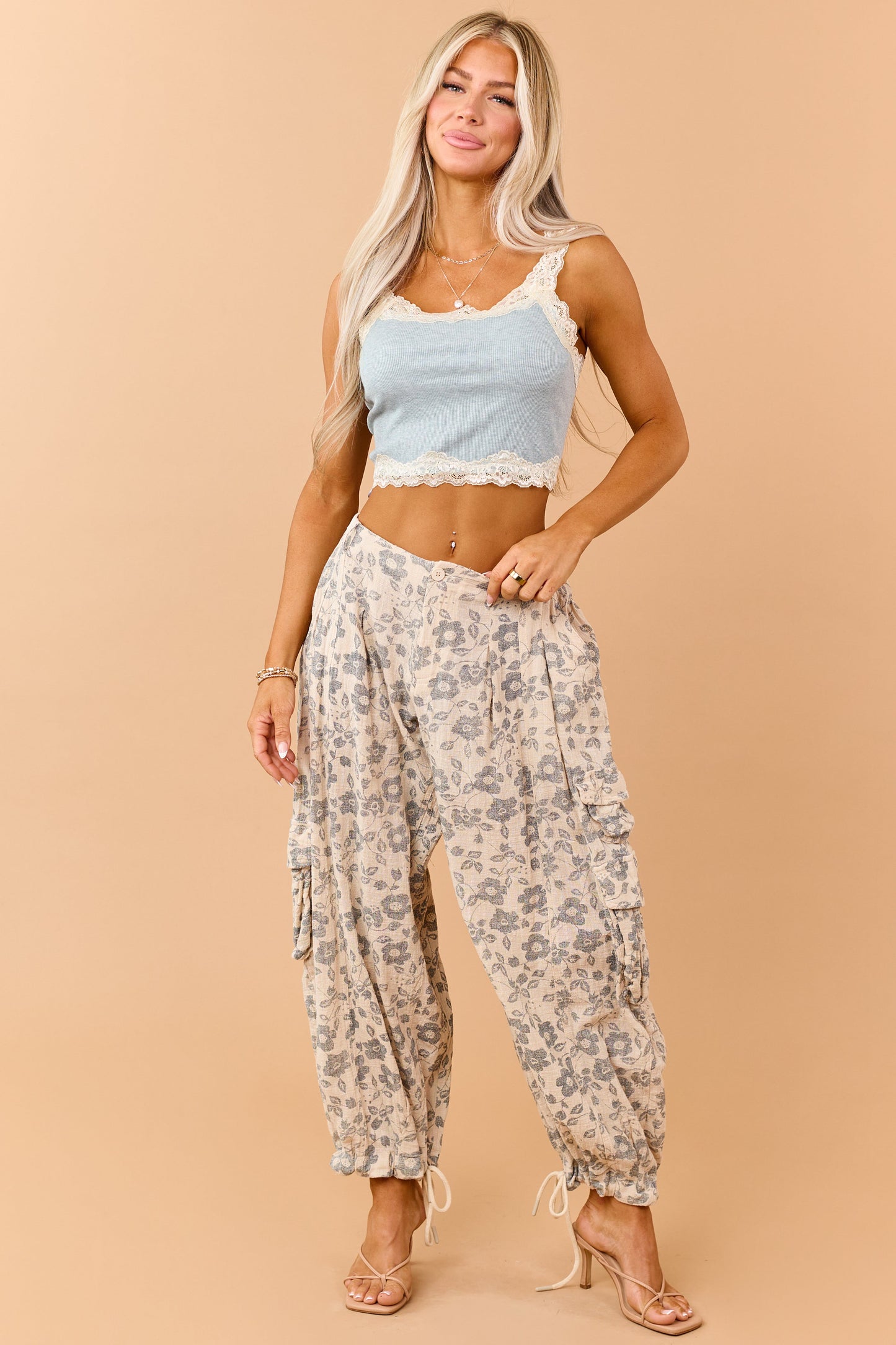 Faded Sea Blue Rib Knit Contrast Lace Trim Tank Top