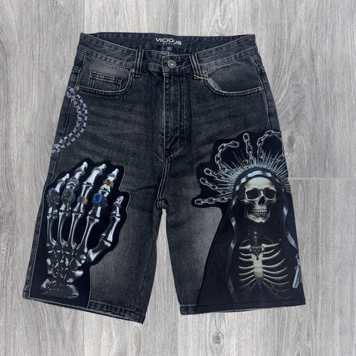 Vicious - Skeleton Denim shorts- Vintage black - vc1207