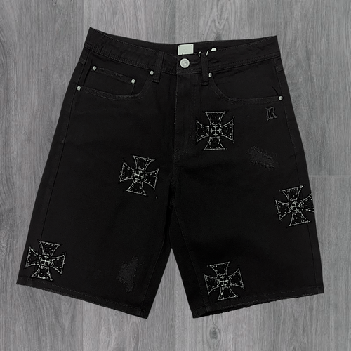 Rebel - Rhinestone Denim Shorts - Black - 992