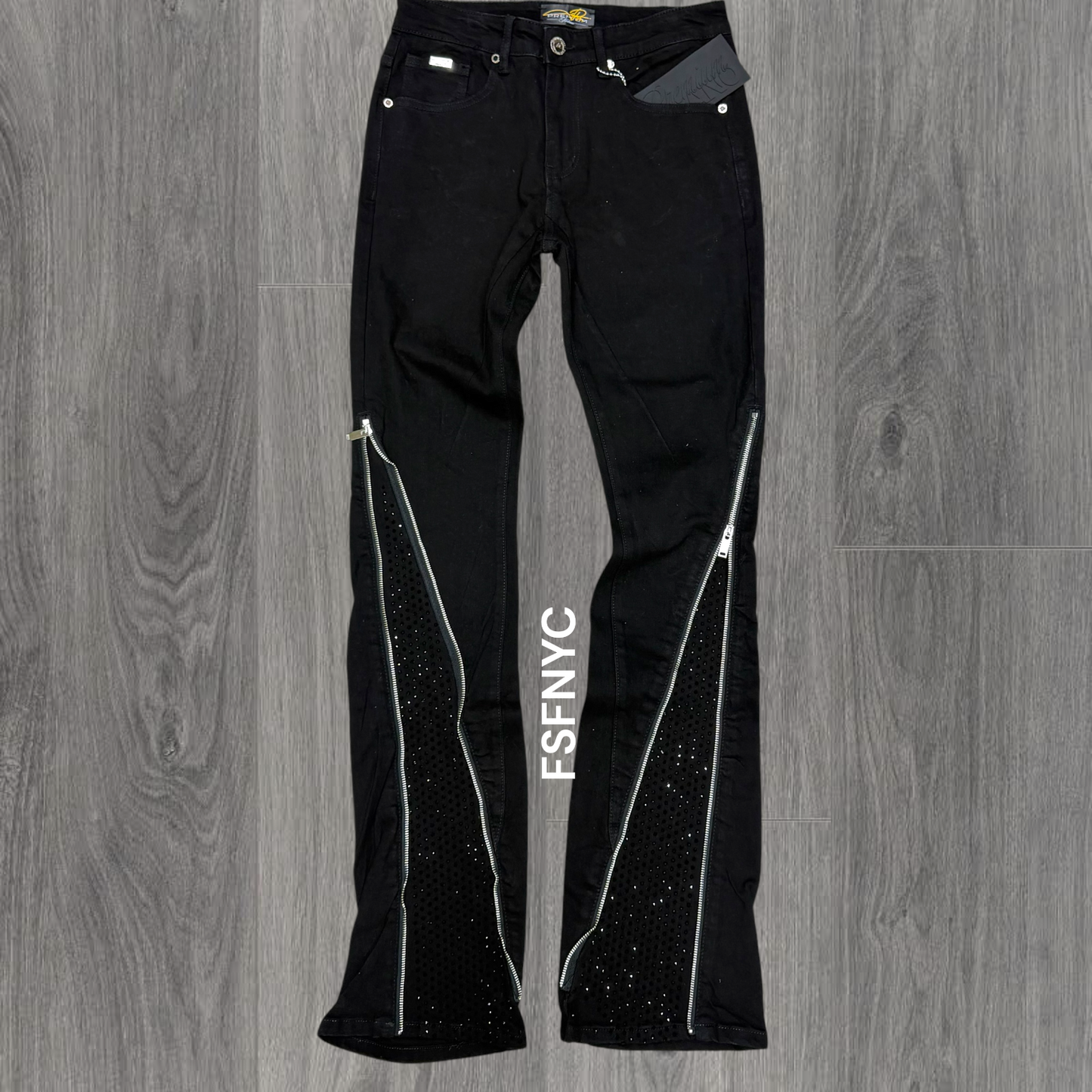Milano - Stacked Zipper w Black Rhinestones Denim - Jet Black -001
