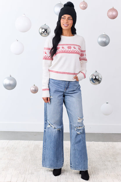 Ivory Fair Isle Holiday Pattern Knit Sweater
