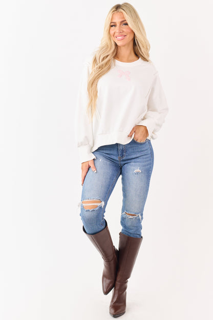 Ivory Gingham Bow Patch Graphic Relaxed Sweatshirt