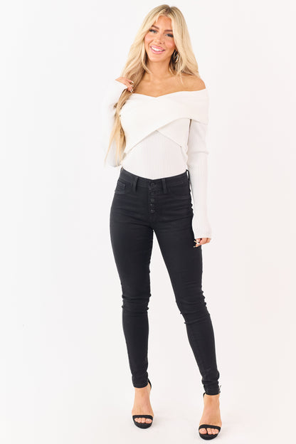 KanCan Black Button Fly Stretchy Coated Skinny Jeans