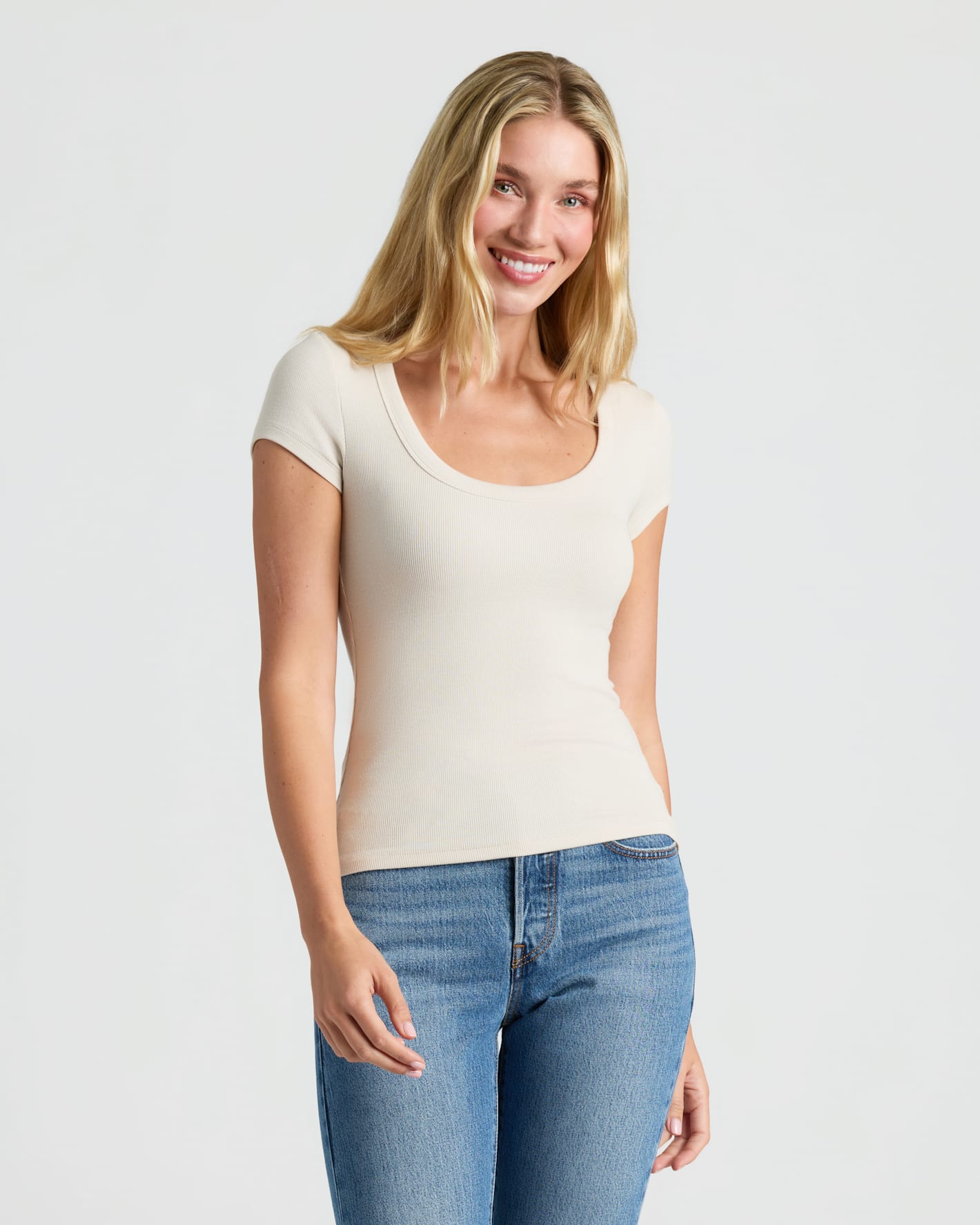 Womens Oatmeal Ribbed U-Neck Tee 3-Pack