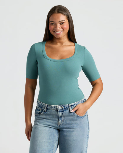 Womens Stormcloud Ribbed 3/4 Sleeve Scoop Neck Tee
