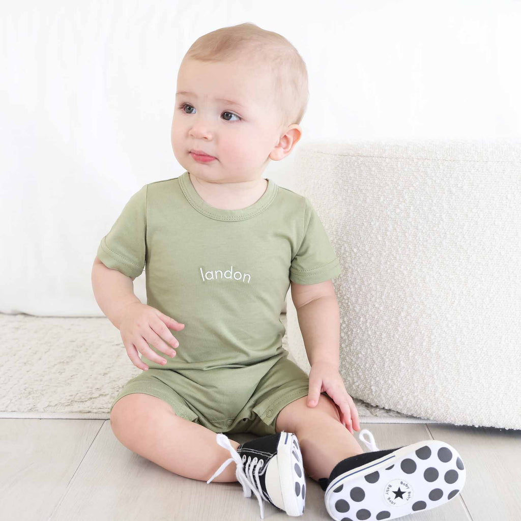 Embroidered Short Sleeve Snap Romper