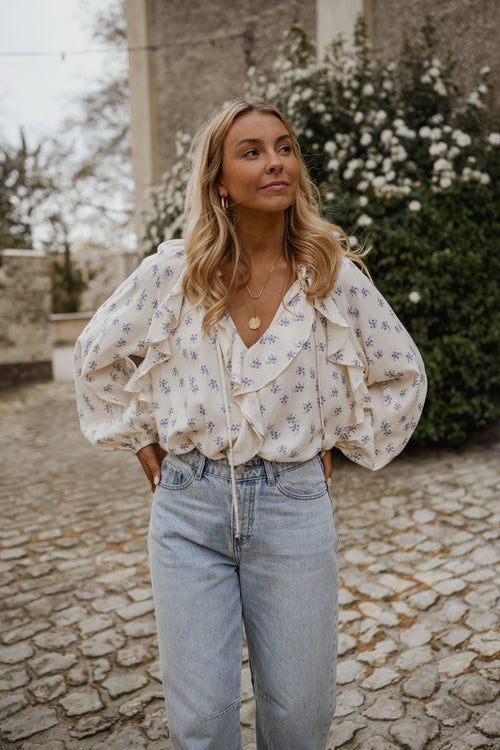 Ecru with Blue Floral Euredice Blouse
