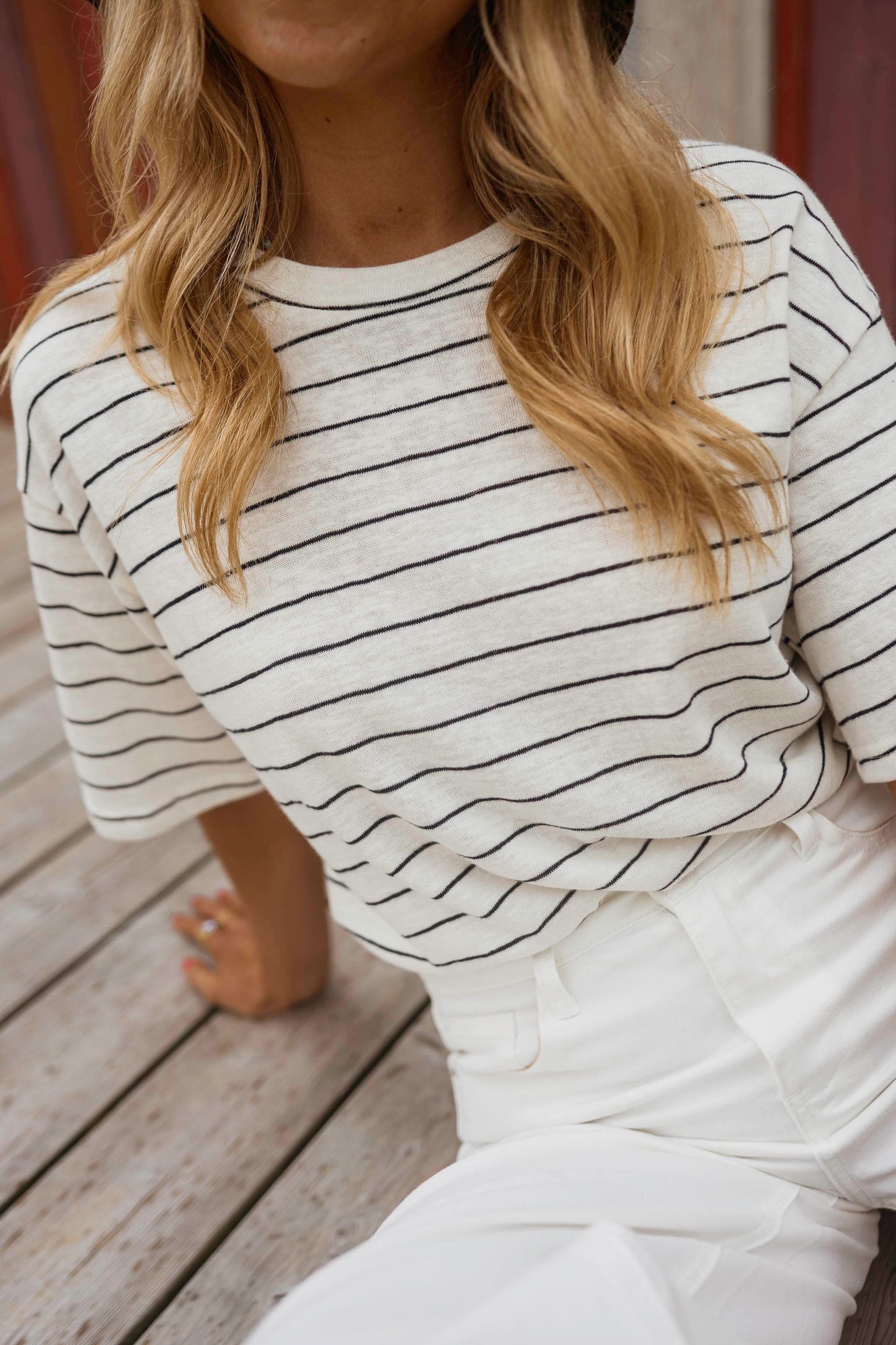 Ecru With Blue Stripes Emmy T-Shirt