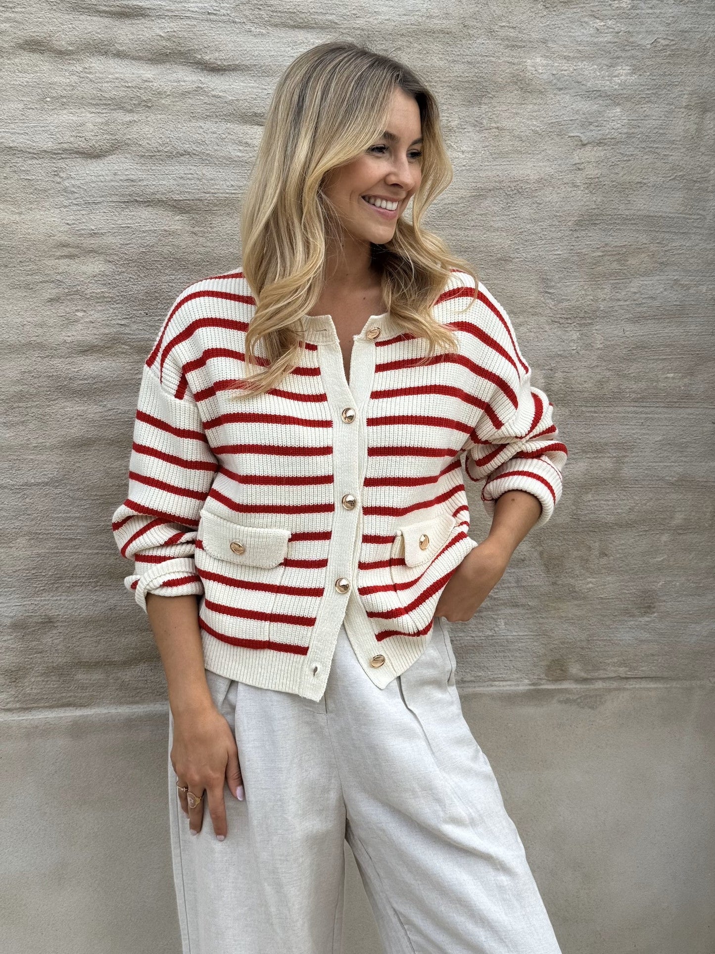Ecru and Red Charles Cardigan