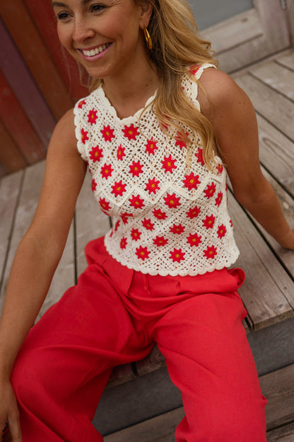 Ecru And Red Crochet Marcella Top
