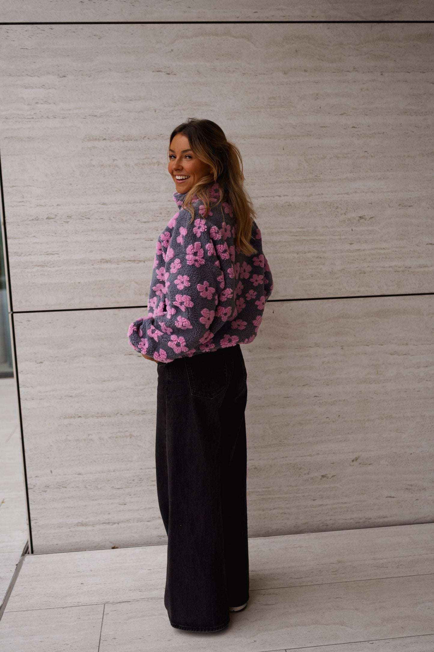 Grey with Pink Floral Tomas Fleece Jacket